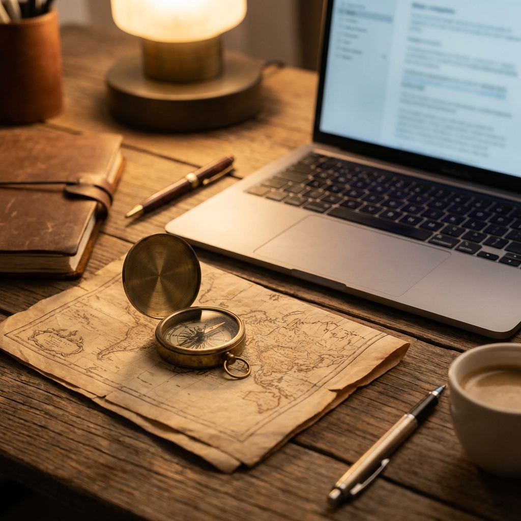 Compass and map on a desk with laptop