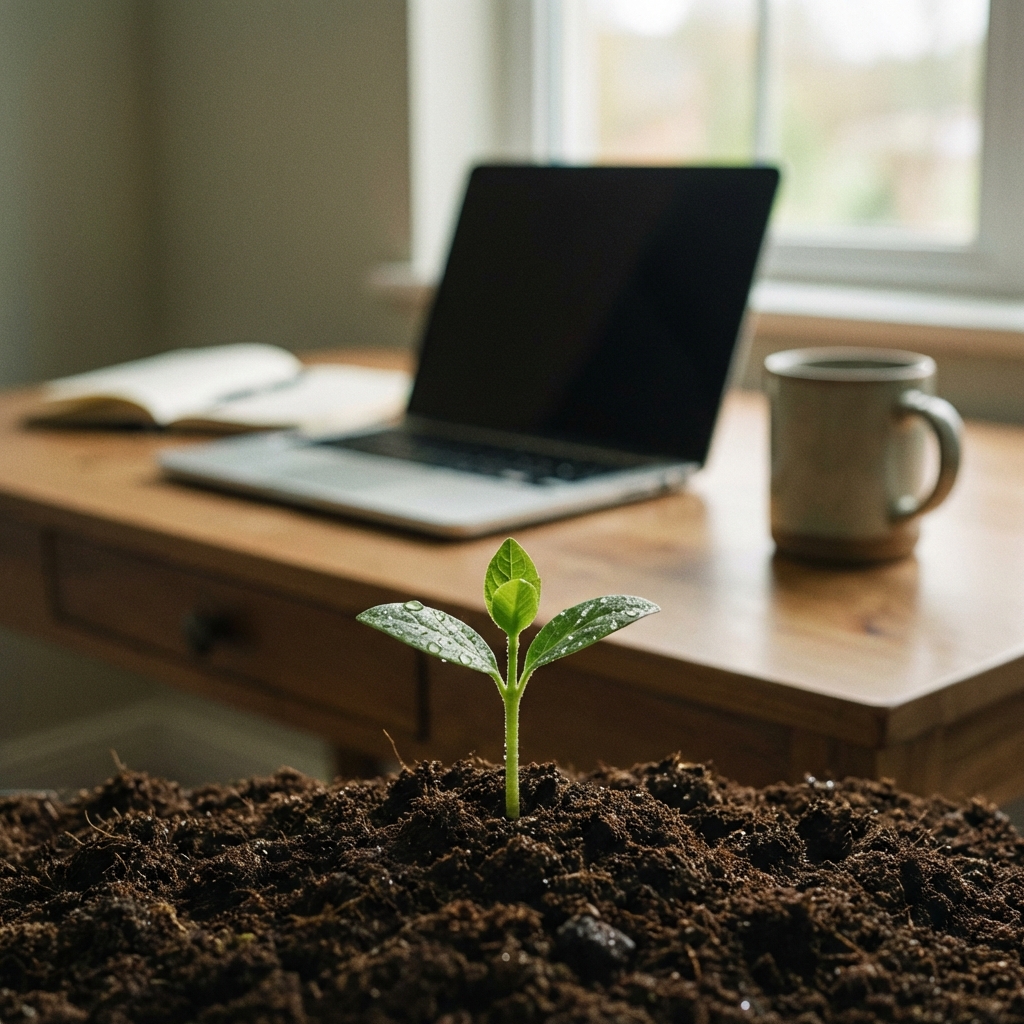 Seedling growing from soil with workspace in background