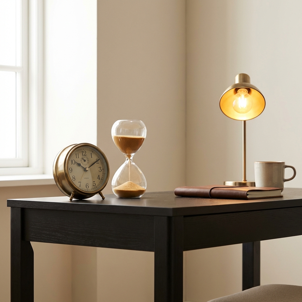 Clock and hourglass on a desk