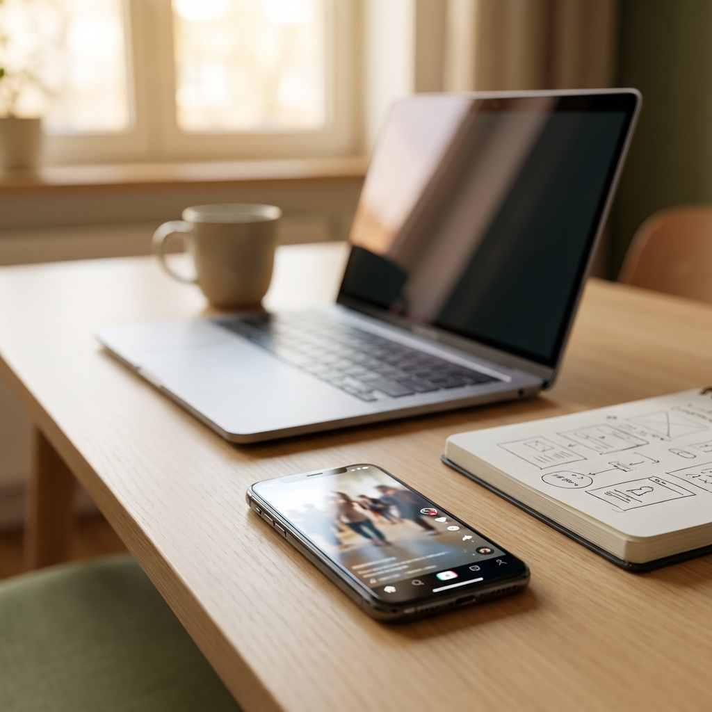 Phone displaying vertical video content on a desk