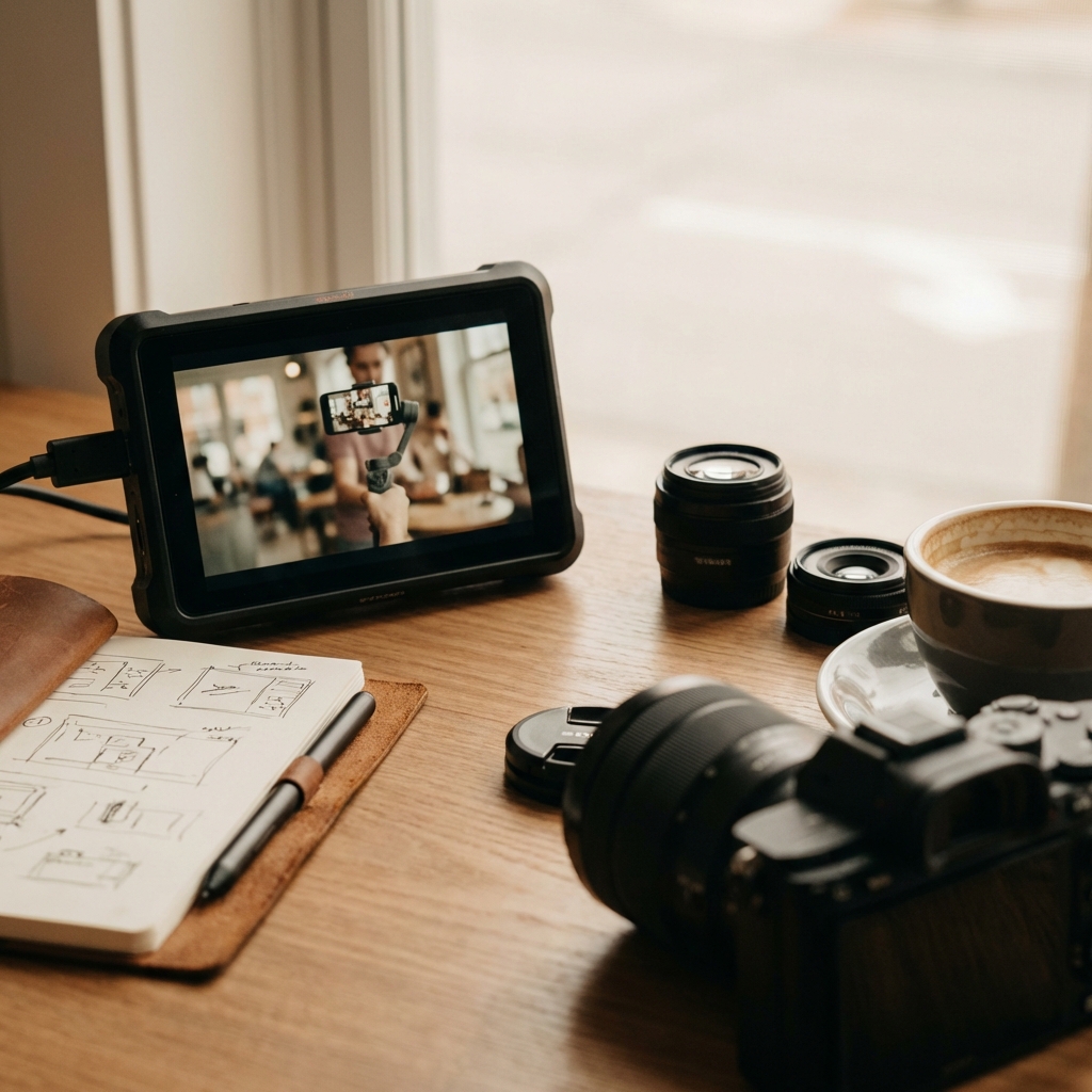 Camera monitor and creative tools on a desk